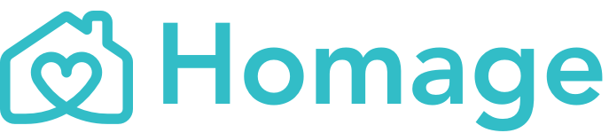 The Homage logo featuring a turquoise heart inside a house icon, with the word 'Homage' in bold turquoise letters, displayed on a white background.