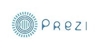 Prezi logo featuring blue text and a circular icon on a white background.