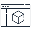 A line art icon depicting a web browser window with a 3D cube inside, representing database or relational database technology.