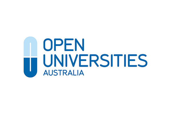 Logo of Open Universities Australia, featuring the organization name in blue text next to a vertical capsule-shaped icon.