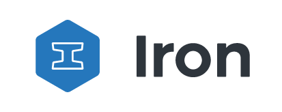 Logo for Iron featuring a blue hexagon with a white I-beam icon and the word 'Iron' in bold text.