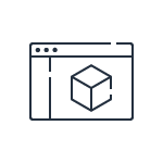 Line art icon depicting a browser window with a 3D cube, representing a relational database or data modeling interface.
