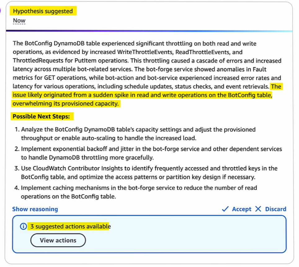 2Screenshot of a diagnostic tool suggesting a hypothesis for DynamoDB throttling due to a sudden spike in read and write operations, with highlighted text and four possible next steps listed.