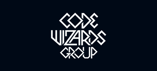 "Code Wizards Group" written in geometric, stylized white text on a dark background.