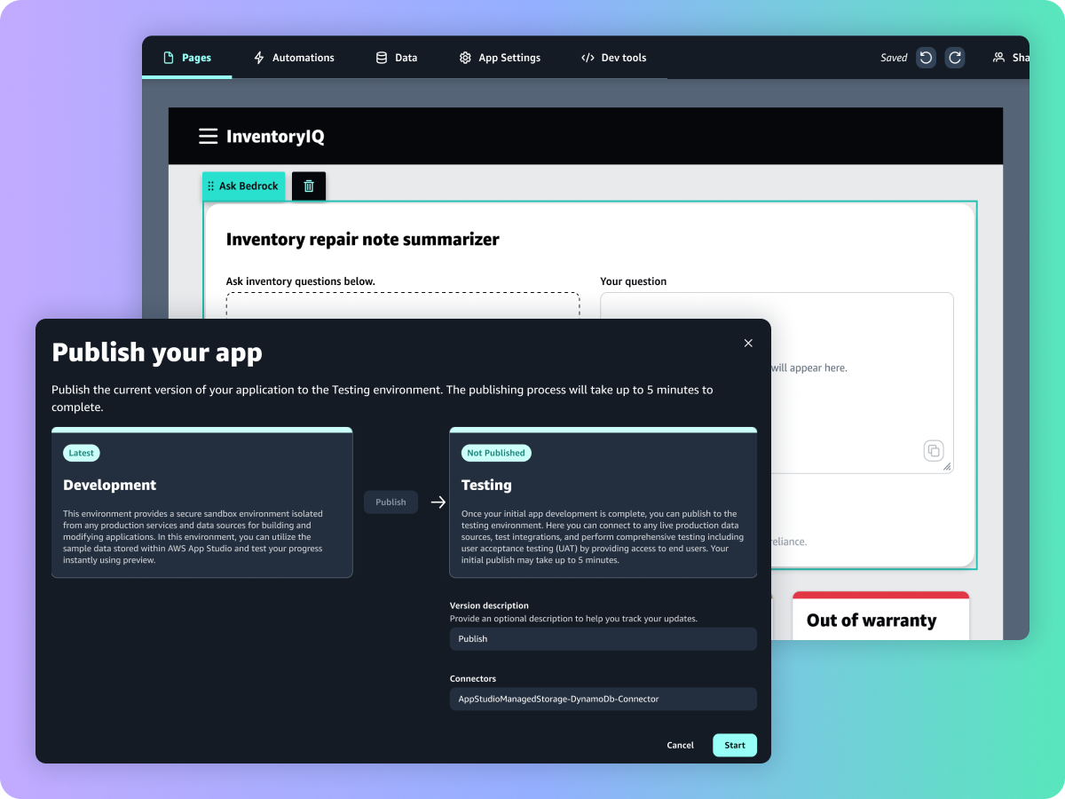 Screenshot of the AWS App Studio interface displaying the 'Publish your app' dialog for InventoryIQ, showing publishing options from Development to Testing environment, including environment details and connector information.