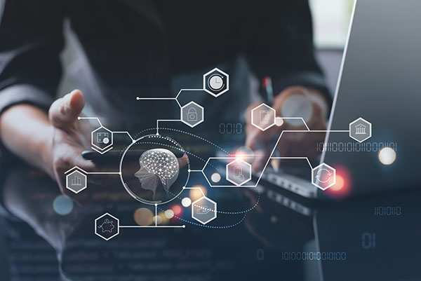 A person interacting with a digital tablet and a graphical interface featuring an abstract AI head and interconnected digital icons, representing artificial intelligence, cloud computing, and developer tools.