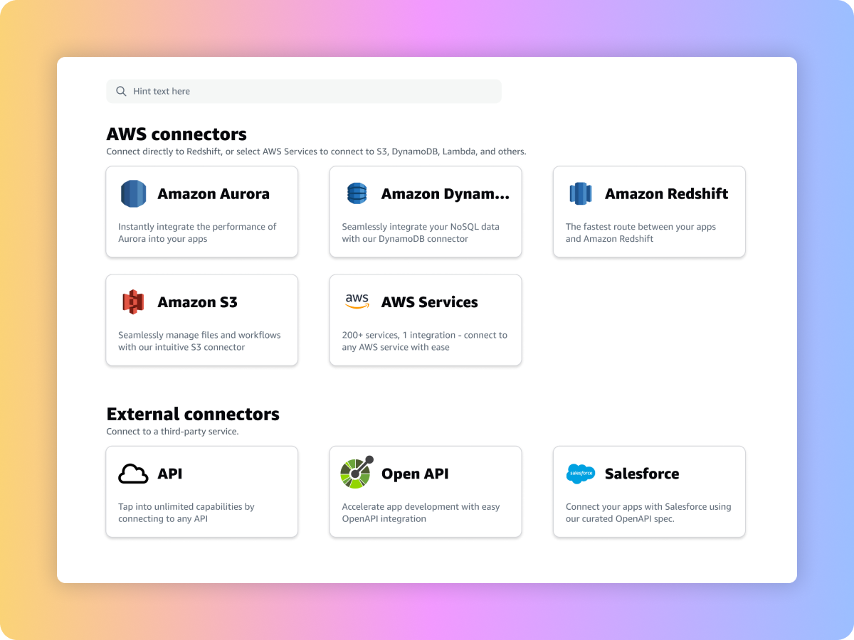 Screenshot of the AWS App Studio Connectors dashboard, showcasing integration options for AWS services (Amazon Aurora, Amazon DynamoDB, Amazon Redshift, Amazon S3, AWS Services) and external connectors (API, OpenAPI, Salesforce) against a gradient background.