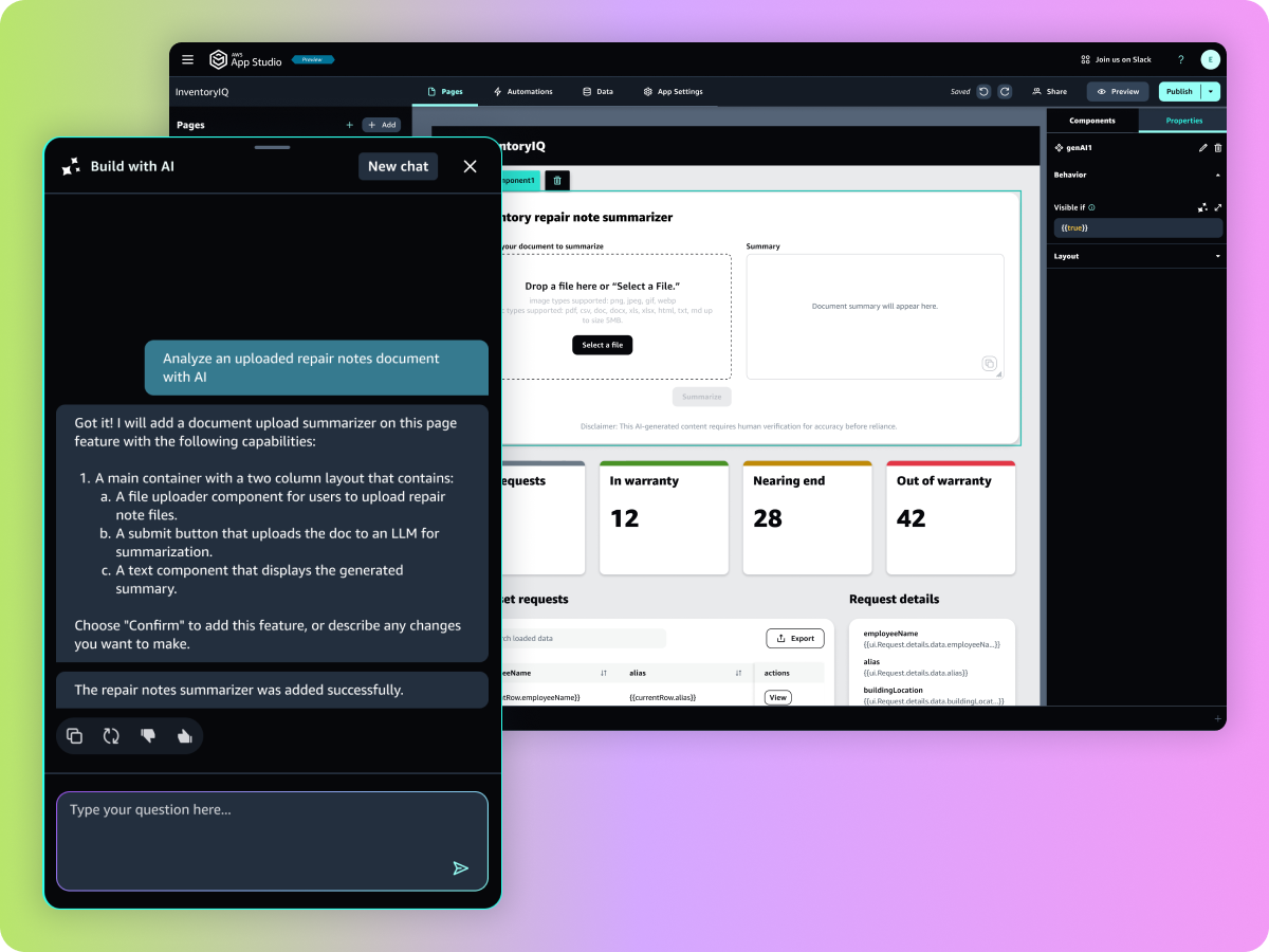 Screenshot of AWS App Studio interface showing an AI-powered document upload summarizer feature. The image displays a two-column layout for uploading and summarizing repair note files, along with example dashboard widgets and summary output inside the application workspace.