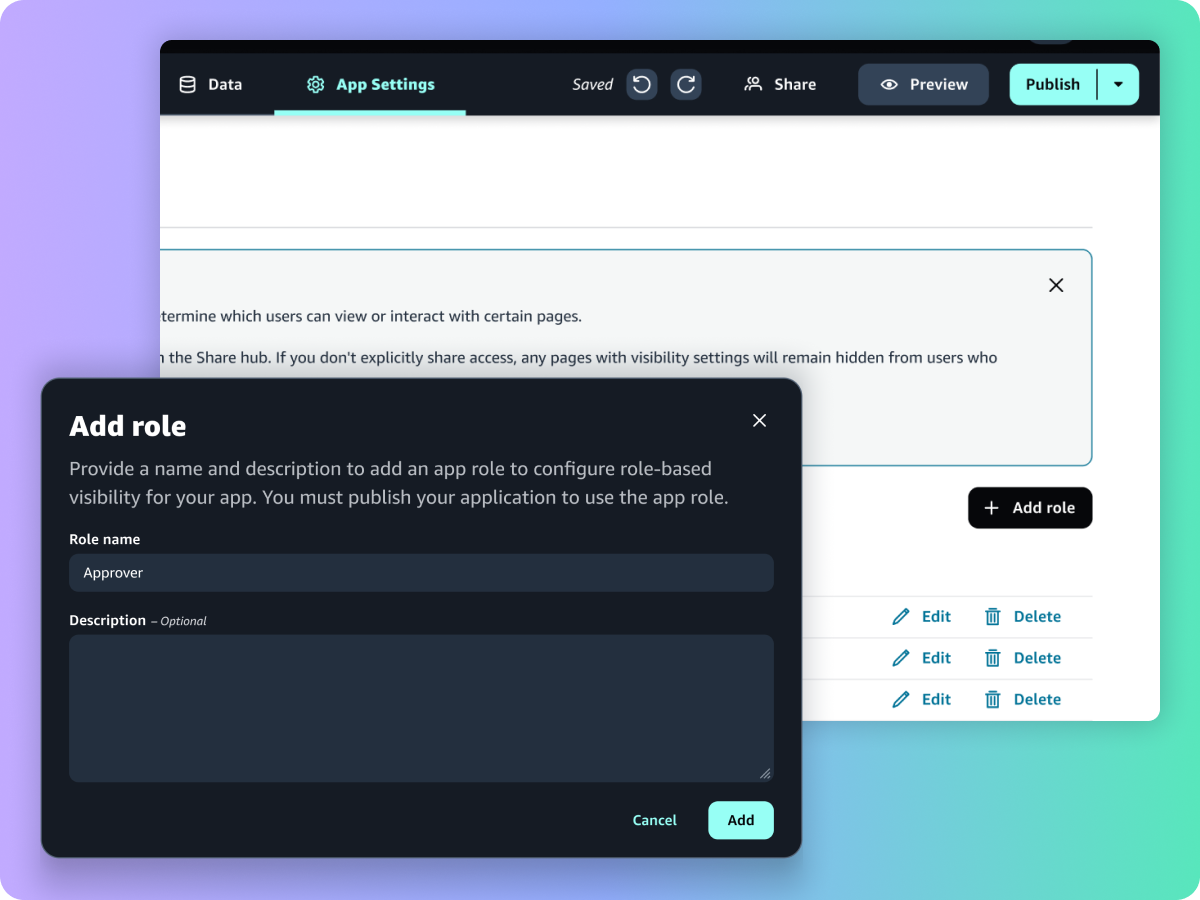 Screenshot of the 'Add role' dialog in AWS App Studio, displaying options to add a new app role with fields for role name and description, within the app settings interface.