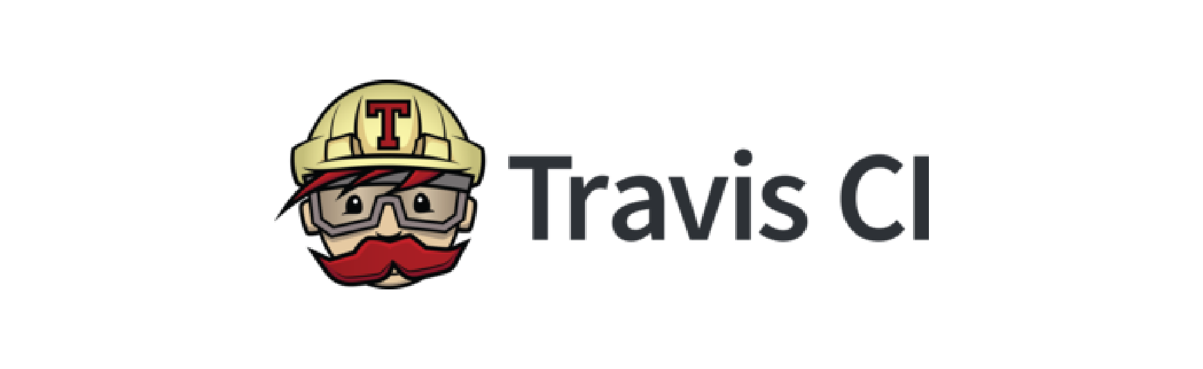 Logo of Travis CI, featuring a character with a mustache, safety glasses, and a yellow helmet with a red 'T', alongside the text 'Travis CI'.