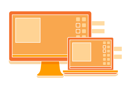 Illustration of an orange desktop computer and laptop representing AWS WorkSpaces and end-user computing solutions.