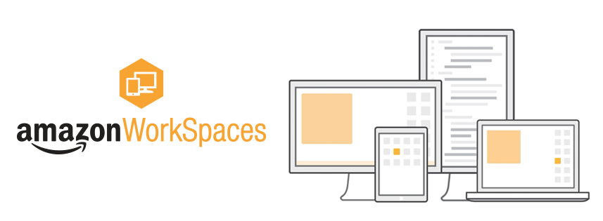 Illustration showing the Amazon WorkSpaces logo and multiple devices including a desktop, tablet, and laptop, representing cross-device access to Amazon WorkSpaces.