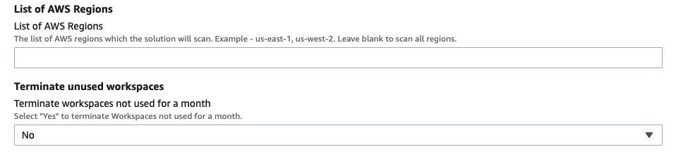 Screenshot showing the AWS WorkSpaces settings for specifying a list of AWS Regions to scan and the option to terminate unused workspaces not used for a month, with 'No' selected for termination.