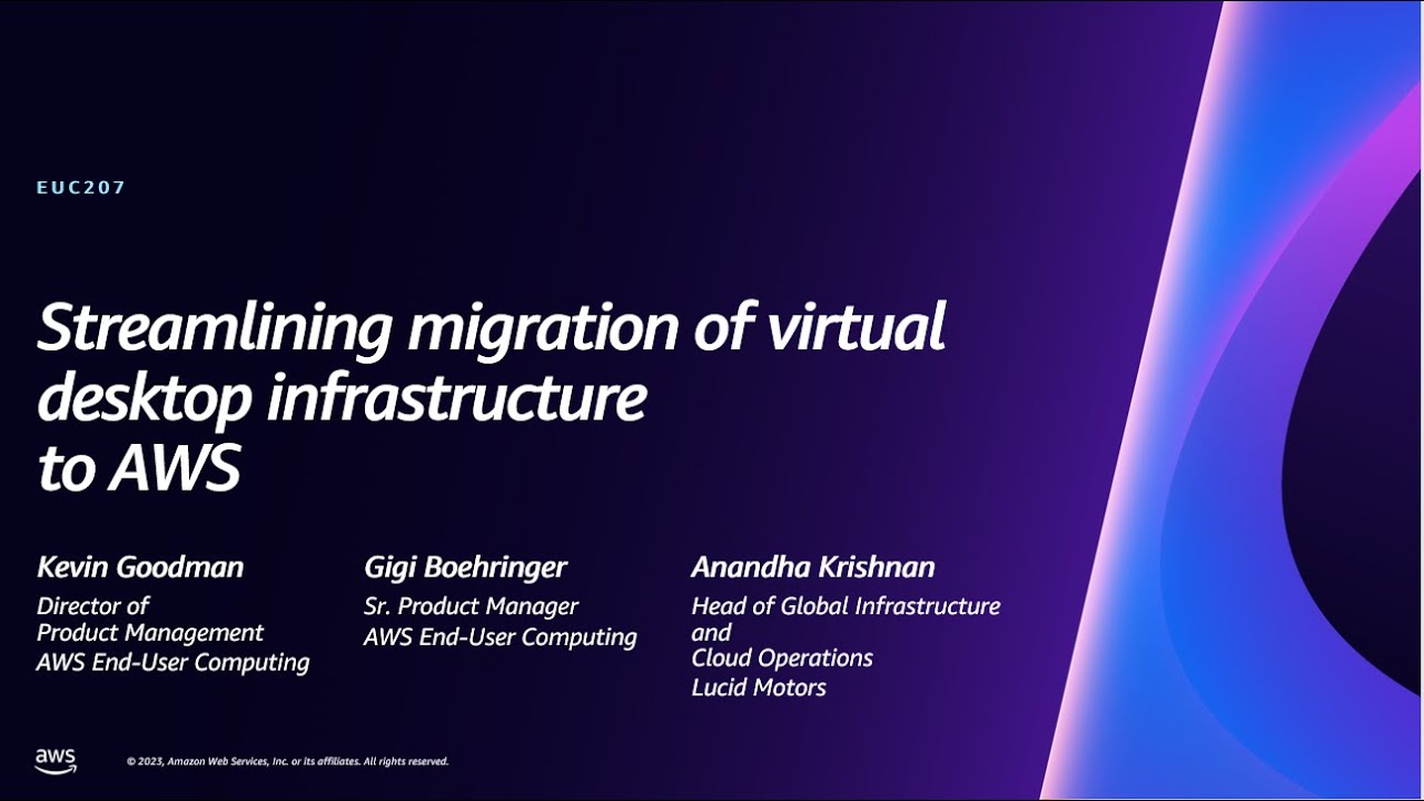 Presentation slide titled 'Streamlining migration of virtual desktop infrastructure to AWS' featuring speakers Kevin Goodman, Gigi Boehringer, and Anandha Krishnan from AWS End-User Computing and Lucid Motors.