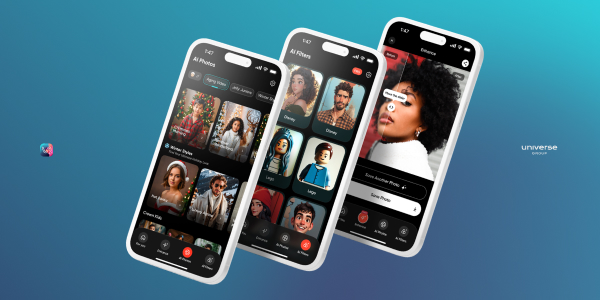 Three smartphone screens displaying a social or dating app interface with profiles, images, and navigation options on a blue gradient background.