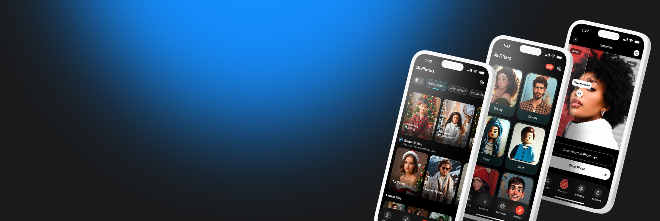 Three smartphone screens displaying an AI photo editing app with various filters and enhancement options, set against a gradient blue and black background.