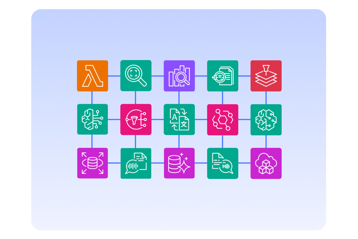 A diagram illustrating various data and feature icons related to AWS Amplify, showcasing interconnected service and data processing symbols on a gradient blue background.
