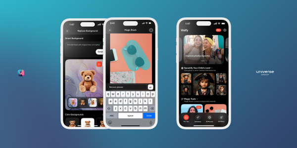 Three smartphone screens showcasing a design app interface with features like background customization, text input, and a social feed.