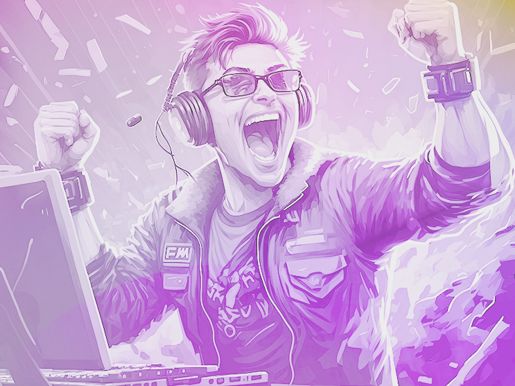 A stylized illustration of a person wearing headphones, raising their fists in celebration, with a computer in the foreground and vibrant purple tones in the background.