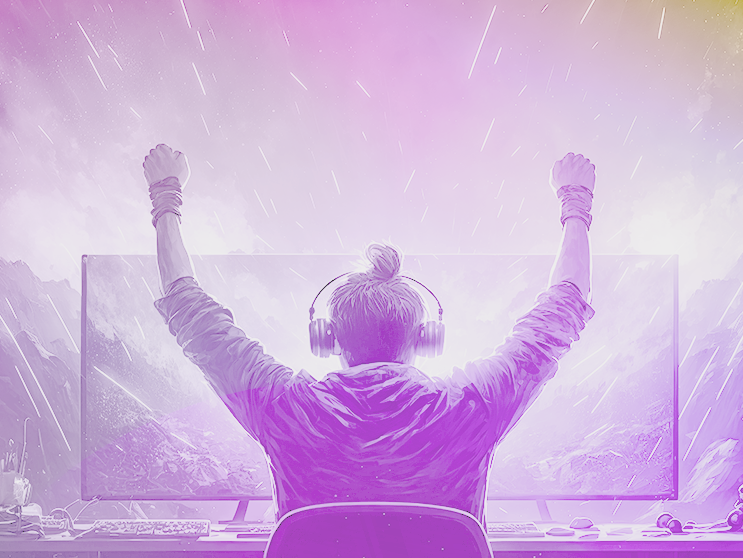 A person wearing headphones raises their arms in victory while sitting in front of a glowing computer screen, surrounded by a dreamy, purple-hued atmosphere.
