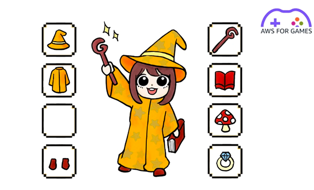 Cartoon illustration of a wizard in a yellow robe and hat, surrounded by pixel-style inventory icons including clothing, a staff, book, mushroom, and ring, with 'AWS for Games' branding in the corner.