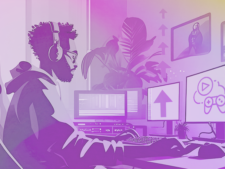 Illustration of a person with headphones working at a multi-monitor computer setup, surrounded by plants and gaming-related icons, with a purple and yellow gradient overlay.