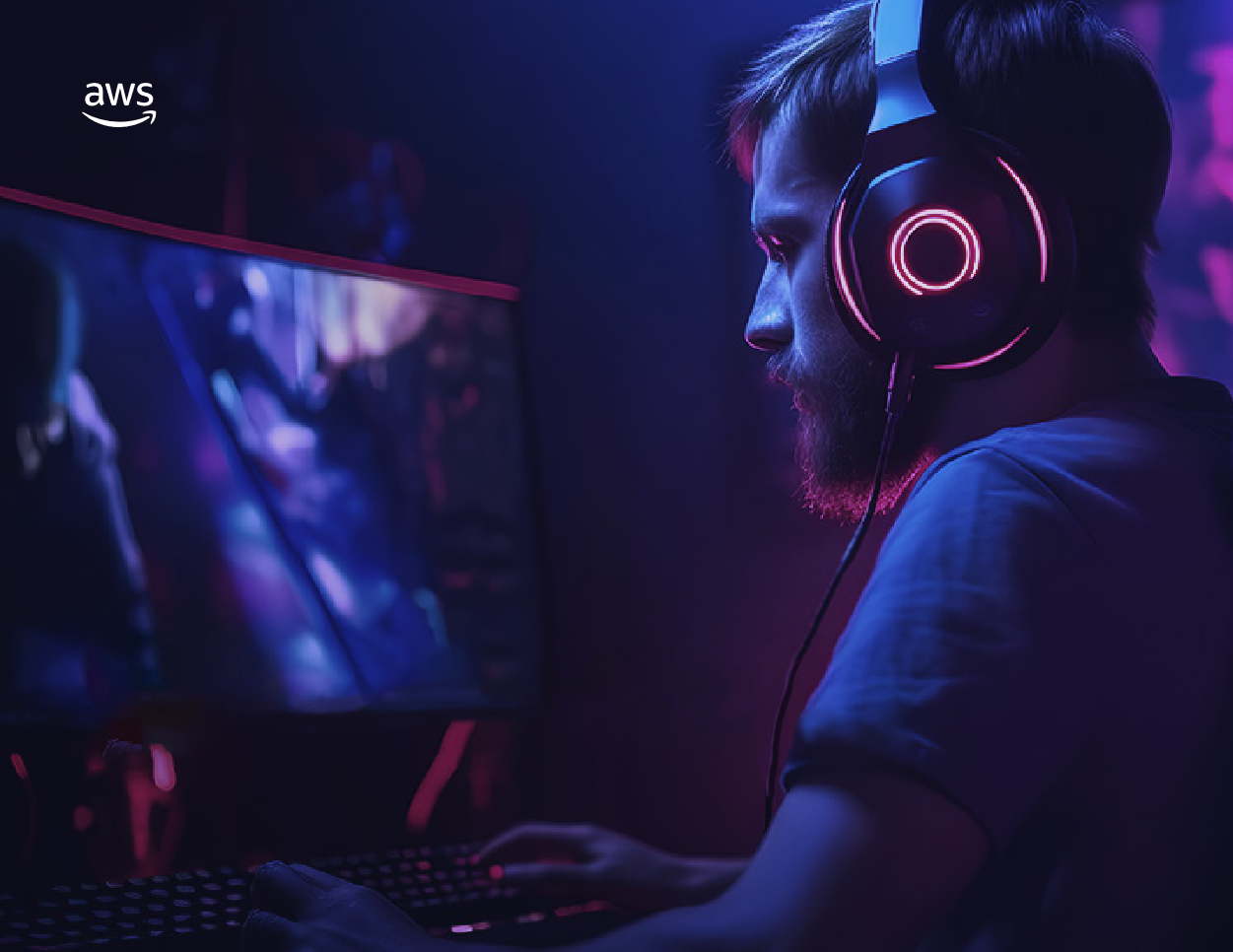 A gamer wearing a headset playing on a desktop computer in a dark, neon-lit gaming environment. The image is used as the cover for an AWS GameLift eBook.
