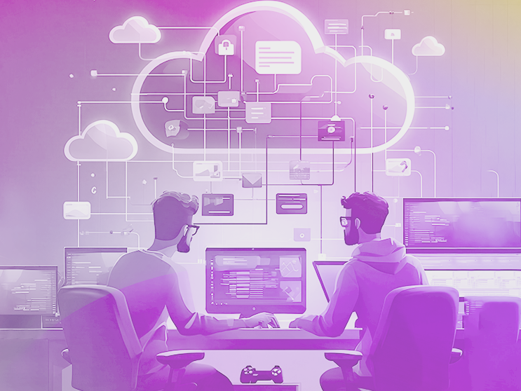 Two people working at computers with a glowing cloud icon above, connected to various digital icons representing cloud computing and data flow.