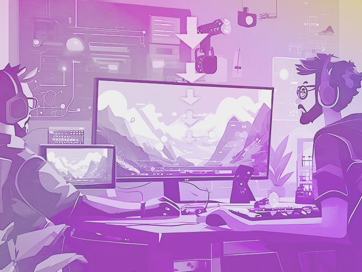 Two people wearing headsets sit at a desk with computer screens displaying a mountain landscape, surrounded by tech equipment and a virtual reality setup.