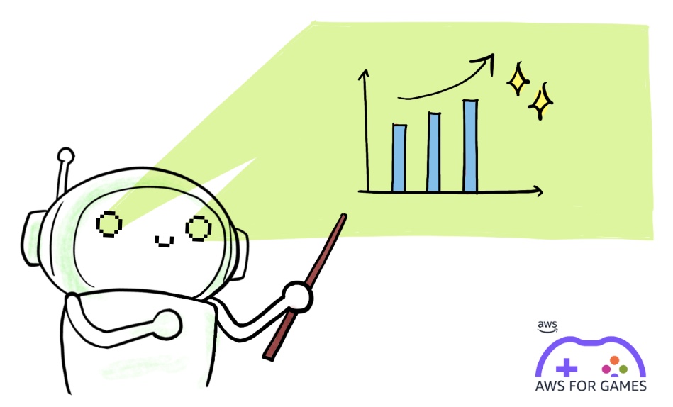 Illustration of a friendly robot pointing to a projected growth chart with the AWS for Games logo in the corner.