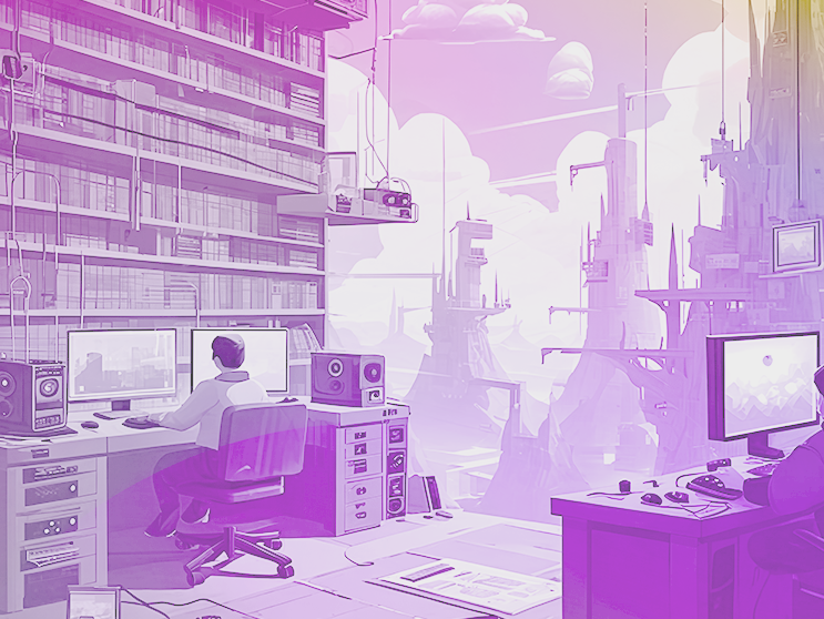A futuristic workspace with two people at desks, surrounded by computers, speakers, and bookshelves, overlooking a sci-fi cityscape with towering structures and clouds.