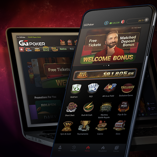 A smartphone and laptop displaying the GG Poker app and website, featuring a "Welcome Bonus" promotion with icons for various poker games and features.