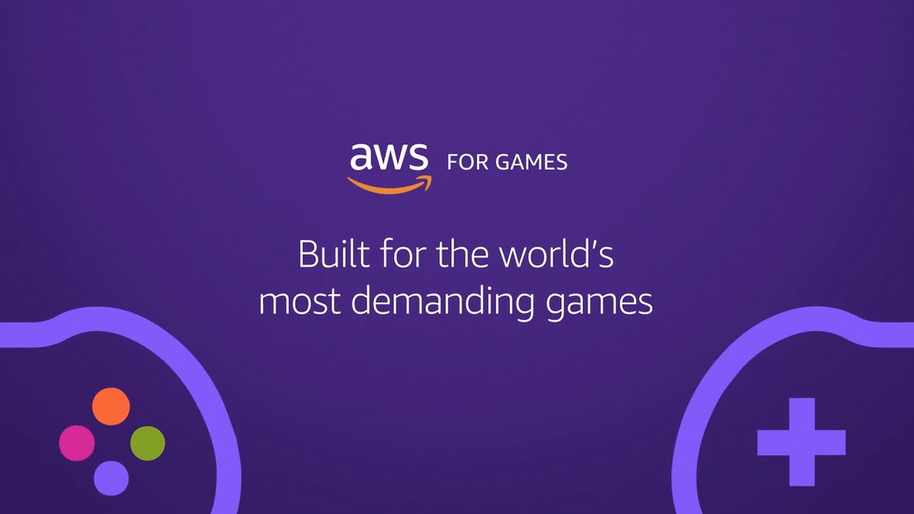 Promotional graphic for AWS for Games, featuring the text 'Built for the world’s most demanding games' on a purple background with game controller iconography.