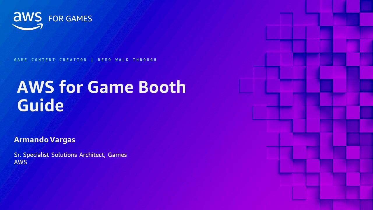 Title slide for the AWS for Game Booth Guide presentation, featuring the AWS for Games logo, the title 'AWS for Game Booth Guide,' and a purple geometric background. Presenter: Armando Vargas, Sr. Specialist Solutions Architect, Games, AWS.