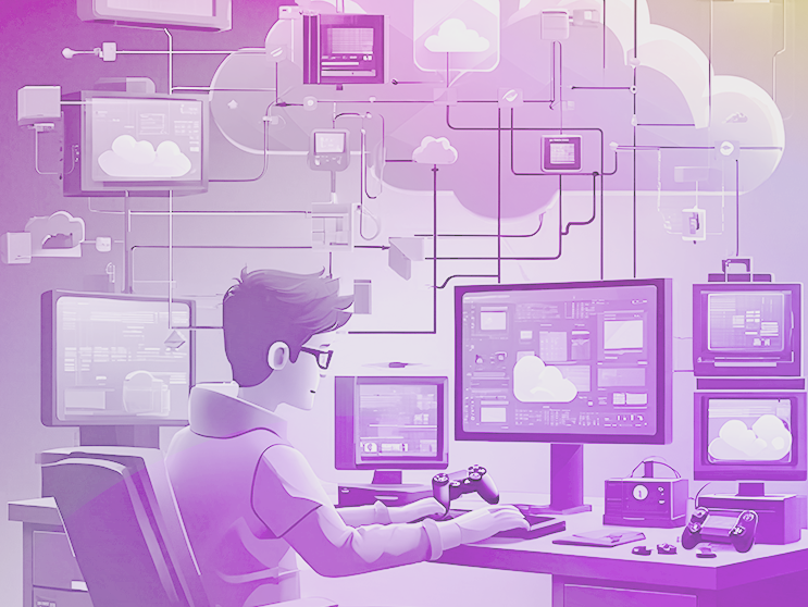 A person sitting at a desk with multiple screens displaying cloud computing interfaces, surrounded by interconnected devices and cloud icons.