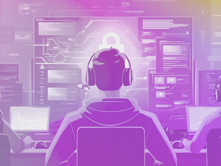 A person wearing headphones sits in front of multiple computer screens displaying data and a glowing padlock icon, symbolizing cybersecurity.