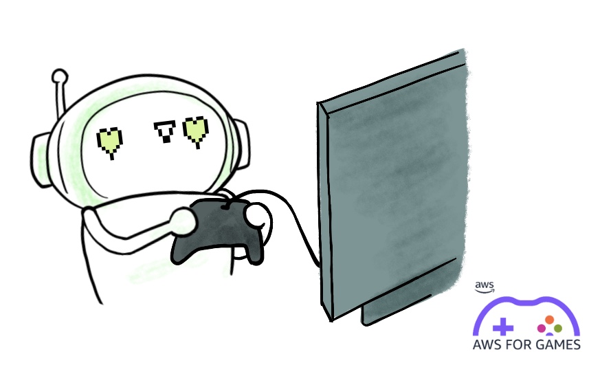 Illustration of a robot with pixelated heart-shaped eyes using a gaming controller in front of a screen, featuring the AWS for Games logo in the bottom right corner.