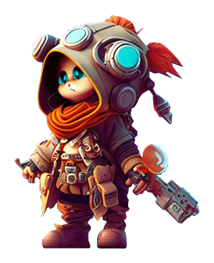 Illustration of a futuristic cartoon character wearing large goggles, an orange scarf, and detailed gear, standing against a digital purple background.