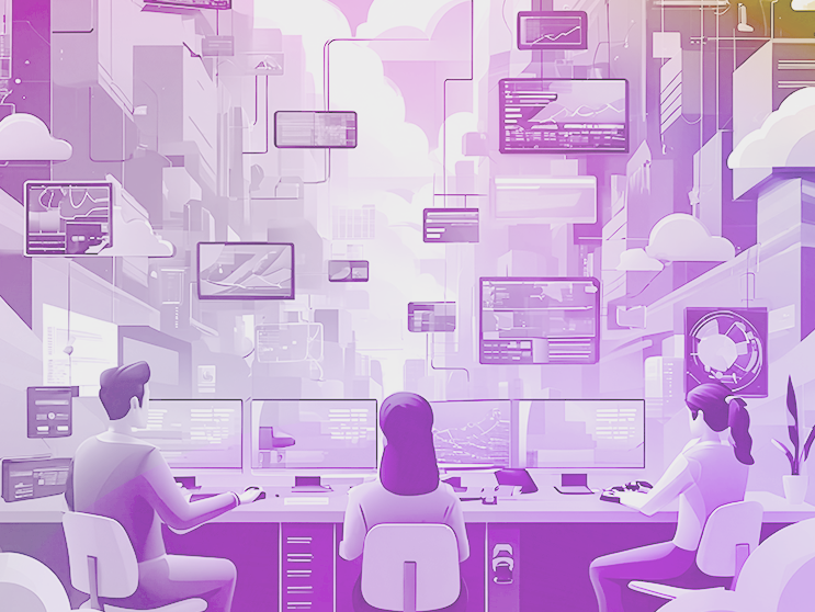 Three people working at desks with multiple screens, surrounded by floating digital data panels in a futuristic, purple-toned cityscape.