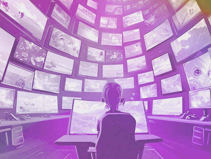 A person sitting at a desk surrounded by a curved wall of multiple screens displaying various images, bathed in purple light.