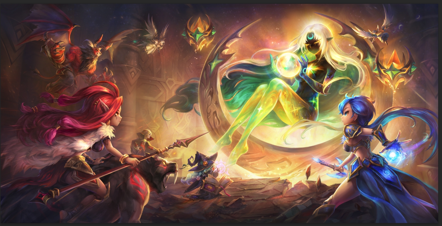Fantasy battle scene featuring vibrant characters wielding weapons and magic, with a glowing celestial figure at the center surrounded by radiant light and floating symbols.