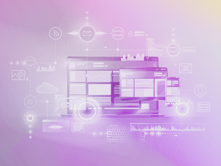 Digital devices including a laptop, tablet, and smartphone surrounded by glowing icons and graphs on a purple gradient background.