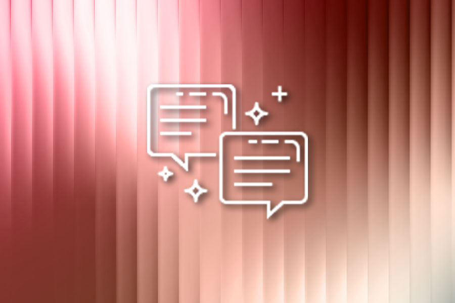 White line art of two speech bubble icons with sparkling accents on a pink and red gradient background, representing communication or contact for AWS Games.