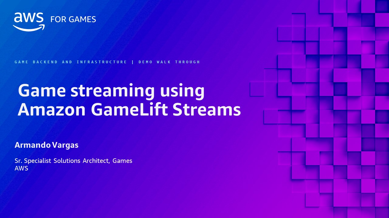 Presentation slide titled 'Game streaming using Amazon GameLift Streams' by Armando Vargas, Sr. Specialist Solutions Architect, Games, AWS. The slide features a purple geometric background and is part of a demo walkthrough for game backend and infrastructure with AWS for Games.