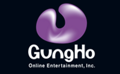 Logo of GungHo Online Entertainment, Inc. featuring a purple abstract shape above the company name in white text.