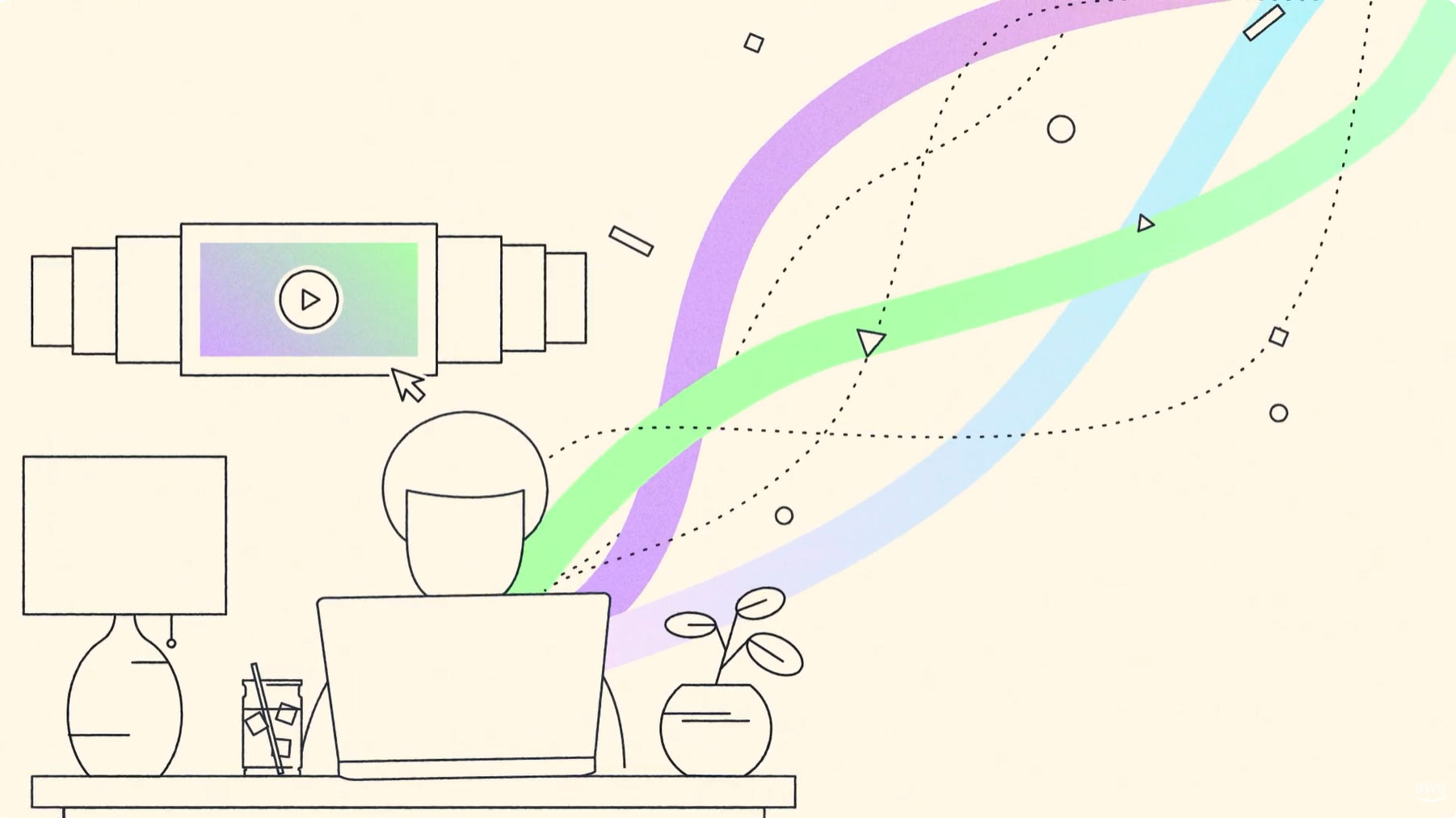 Illustration of a person working at a desk with a laptop, surrounded by abstract colorful lines and shapes, and a video play button icon.