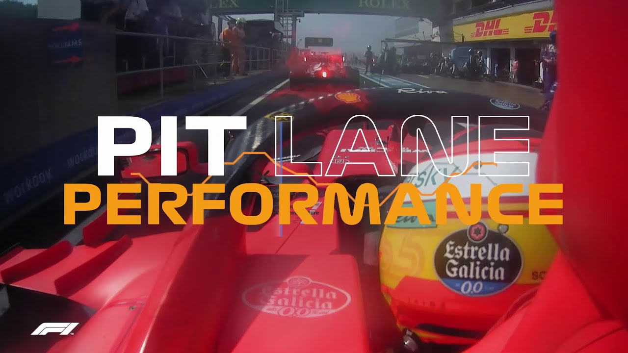 Close-up of a Formula 1 car in the pit lane with "Pit Lane Performance" text overlay.