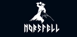 "Silhouette of a Viking holding a hammer atop a mountain, with the text 'Norsfell' in stylized font below."