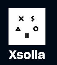 "Xsolla logo featuring abstract symbols (X, S, triangle, circle, and pause icon) inside a white square on a dark background."