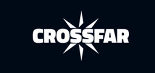"Logo with the word 'CROSSFAR' in bold white text, surrounded by a starburst design on a dark background."